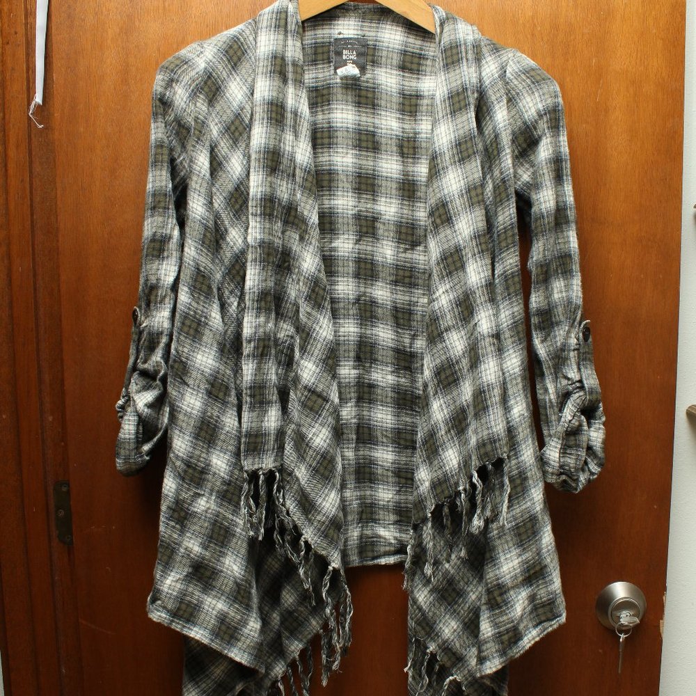 Billabong Green Plaid Fringed Cardigan